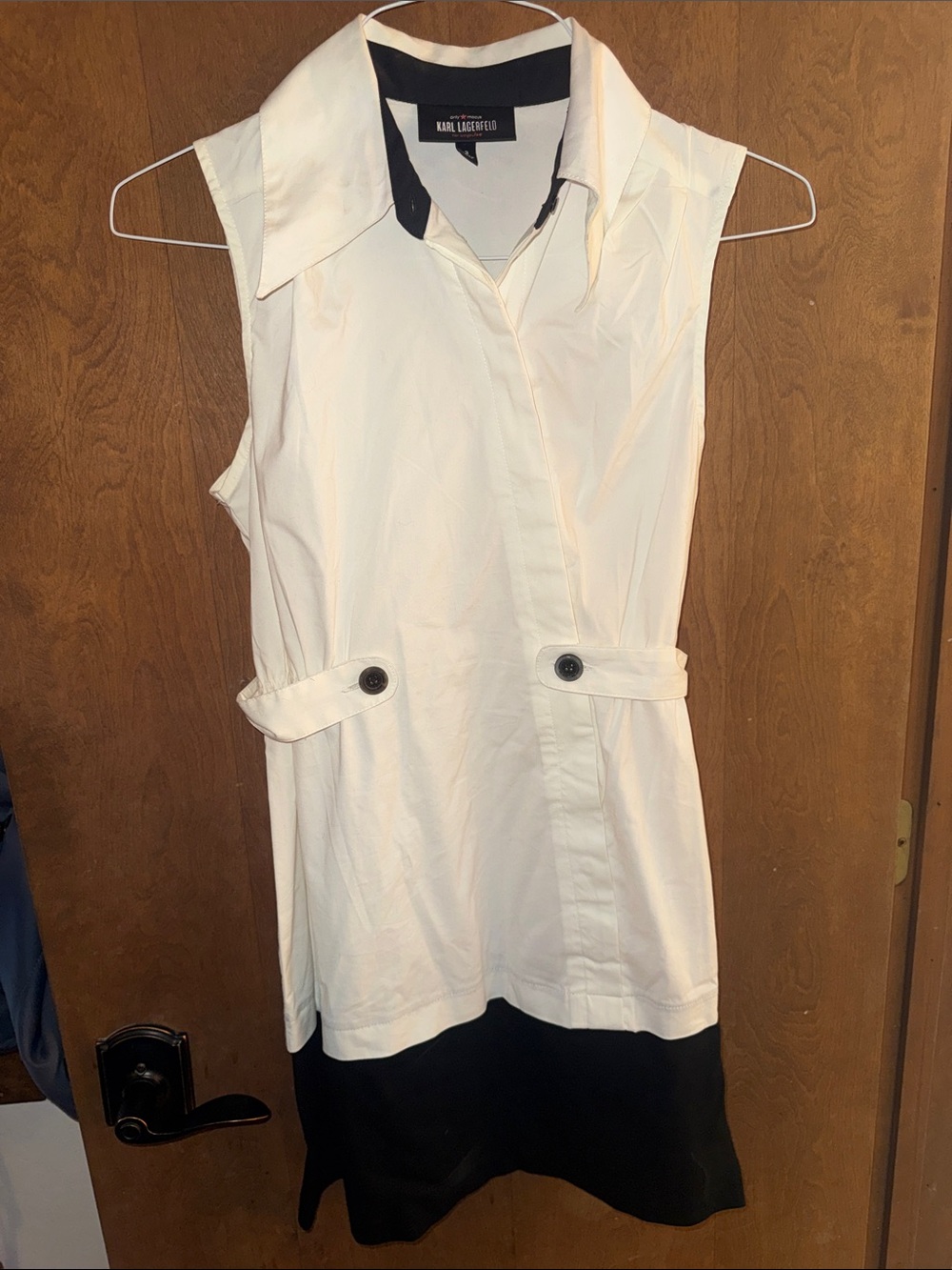 Karl Lagerfeld for Macy’s Sleeveless White Tunic Dress with Black Hem & Collar